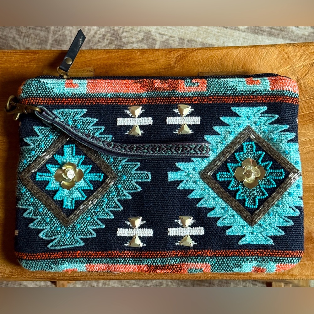 Vintage-inspired Southwest design beaded clutch/wristlet bag Excellent condition - Picture 3 of 8